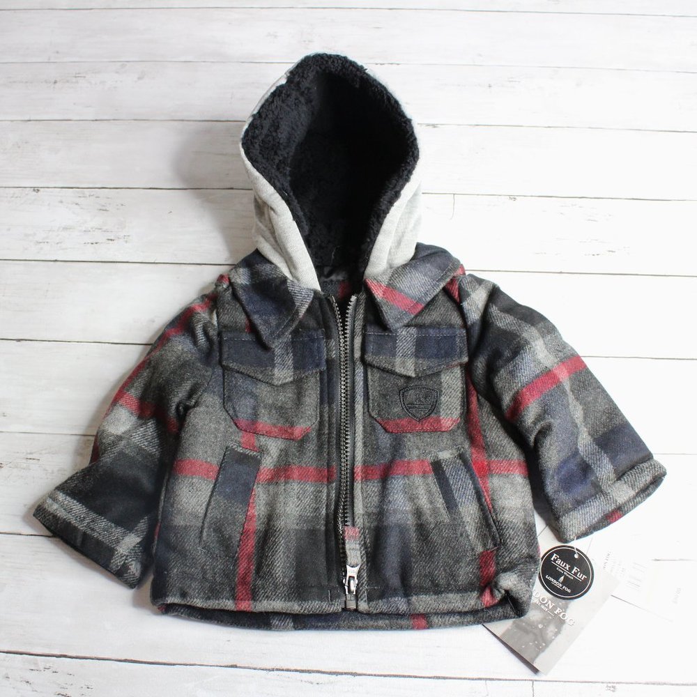 London Fog Baby Boy Wool Blend Plaid Winter Coat Infant Size 12 Months